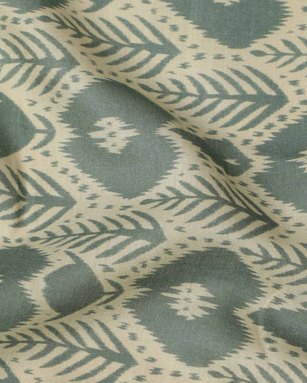 Sage Green and Beige Ikat Inspired Floral Geometric Print Cotton Lawn Fabric, 110 Cms Width, Made in India-D23573