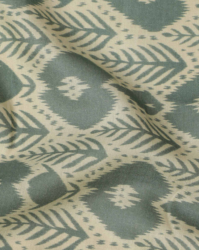 Sage Green and Beige Ikat Inspired Floral Geometric Print Cotton Lawn Fabric, 110 Cms Width, Made in India-D23573