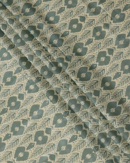 Sage Green and Beige Ikat Inspired Floral Geometric Print Cotton Lawn Fabric, 110 Cms Width, Made in India-D23573