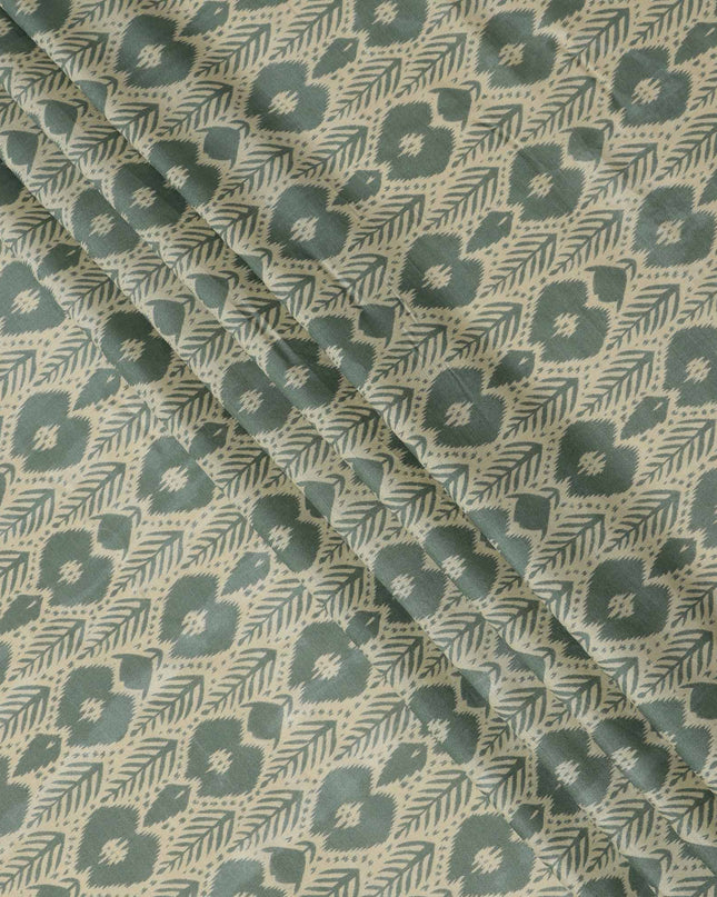 Sage Green and Beige Ikat Inspired Floral Geometric Print Cotton Lawn Fabric, 110 Cms Width, Made in India-D23573