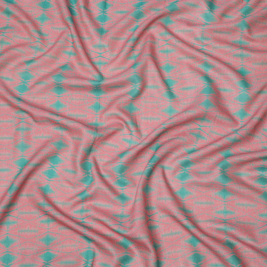 Pink and Teal Shibori Tie-Dye Effect Abstract Print Cotton Lawn Fabric, 110 Cms Width, Made in India-D23574