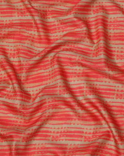 Beige and Coral Red Tribal Striped Abstract Printed Viscose Crepe Fabric, 110 Cms Width, Made in India-D23579