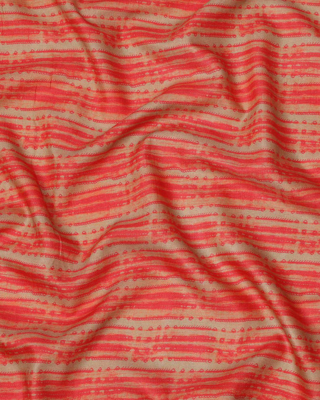 Beige and Coral Red Tribal Striped Abstract Printed Viscose Crepe Fabric, 110 Cms Width, Made in India-D23579