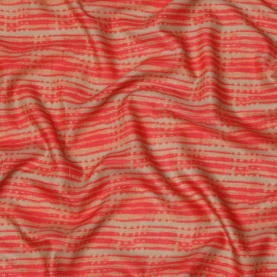 Beige and Coral Red Tribal Striped Abstract Printed Viscose Crepe Fabric, 110 Cms Width, Made in India-D23579