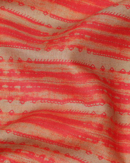 Beige and Coral Red Tribal Striped Abstract Printed Viscose Crepe Fabric, 110 Cms Width, Made in India-D23579
