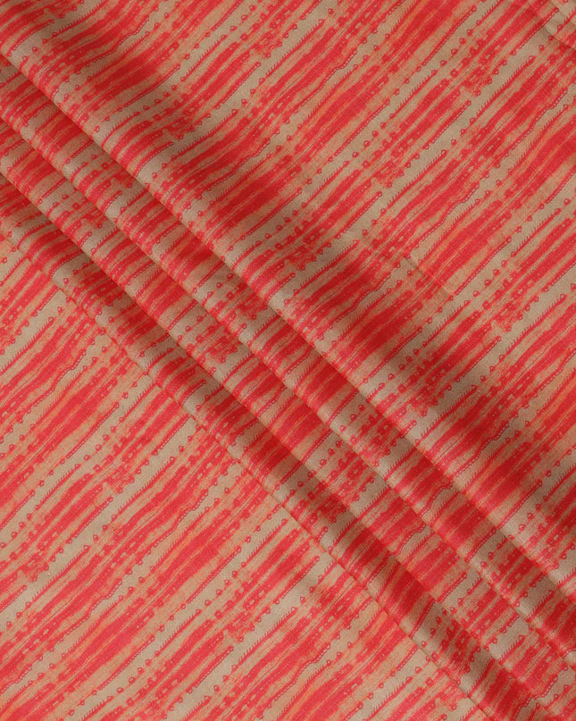 Beige and Coral Red Tribal Striped Abstract Printed Viscose Crepe Fabric, 110 Cms Width, Made in India-D23579