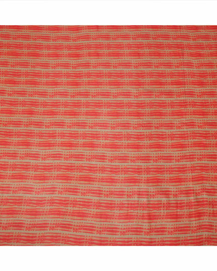 Beige and Coral Red Tribal Striped Abstract Printed Viscose Crepe Fabric, 110 Cms Width, Made in India-D23579