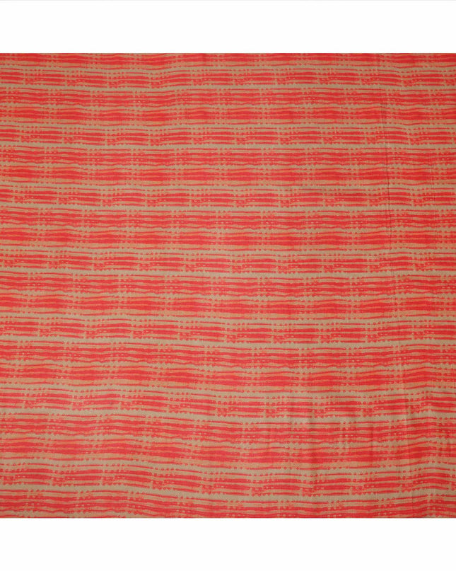 Beige and Coral Red Tribal Striped Abstract Printed Viscose Crepe Fabric, 110 Cms Width, Made in India-D23579