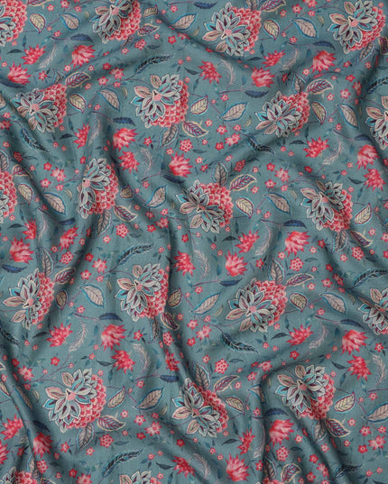 قماش كريب فيسكوز رمادي باهت مع طباعة زهور حمراء وبيج، عرض 110 سم، صنع في الهند - D23583