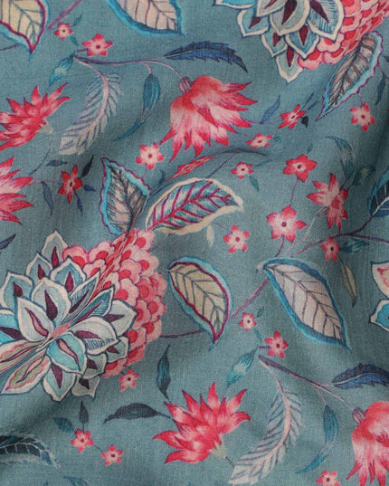 قماش كريب فيسكوز رمادي باهت مع طباعة زهور حمراء وبيج، عرض 110 سم، صنع في الهند - D23583