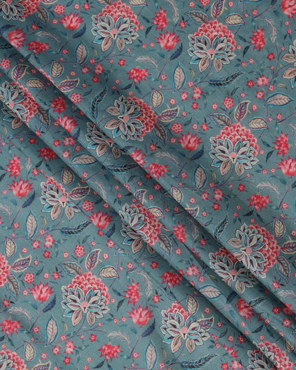 قماش كريب فيسكوز رمادي باهت مع طباعة زهور حمراء وبيج، عرض 110 سم، صنع في الهند - D23583