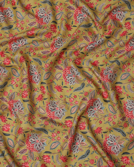 قماش كريب فيسكوز أصفر خردلي بطبعة نباتية زهرية متعددة الألوان، عرض 110 سم، صنع في الهند - D23584