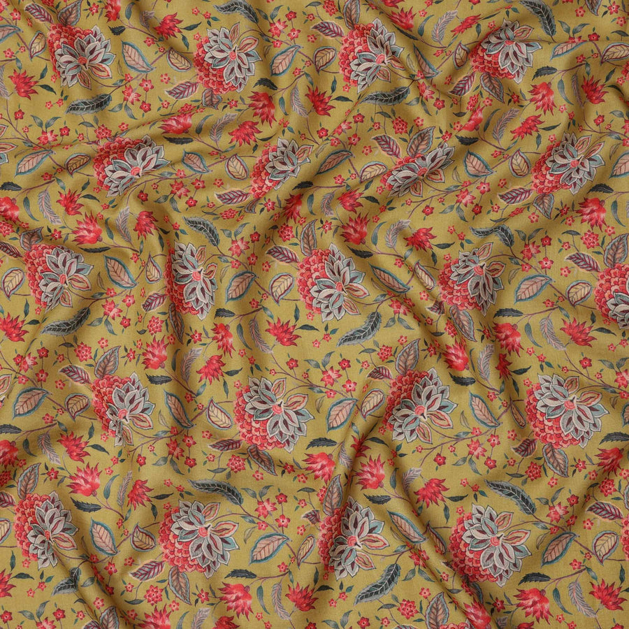 قماش كريب فيسكوز أصفر خردلي بطبعة نباتية زهرية متعددة الألوان، عرض 110 سم، صنع في الهند - D23584