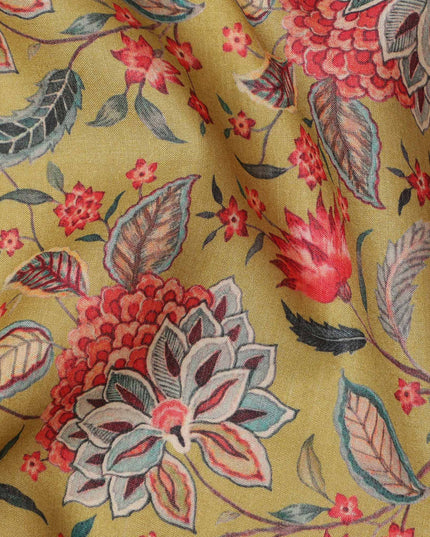 قماش كريب فيسكوز أصفر خردلي بطبعة نباتية زهرية متعددة الألوان، عرض 110 سم، صنع في الهند - D23584
