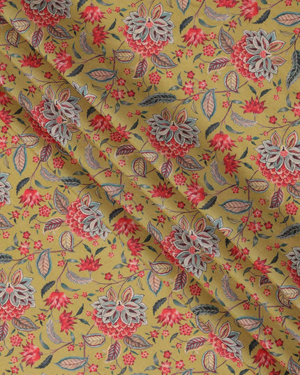 قماش كريب فيسكوز أصفر خردلي بطبعة نباتية زهرية متعددة الألوان، عرض 110 سم، صنع في الهند - D23584