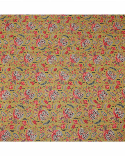قماش كريب فيسكوز أصفر خردلي بطبعة نباتية زهرية متعددة الألوان، عرض 110 سم، صنع في الهند - D23584