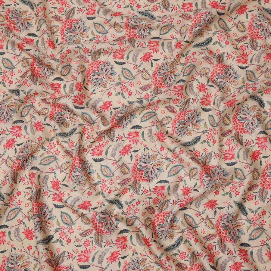 قماش كريب فيسكوز بطبعة زهور نباتية باللونين البيج والأحمر والأزرق، عرض 110 سم، صنع في الهند - D23585