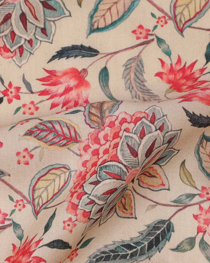 قماش كريب فيسكوز بطبعة زهور نباتية باللونين البيج والأحمر والأزرق، عرض 110 سم، صنع في الهند - D23585