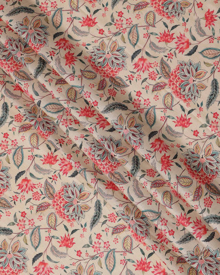 قماش كريب فيسكوز بطبعة زهور نباتية باللونين البيج والأحمر والأزرق، عرض 110 سم، صنع في الهند - D23585
