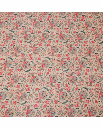 قماش كريب فيسكوز بطبعة زهور نباتية باللونين البيج والأحمر والأزرق، عرض 110 سم، صنع في الهند - D23585