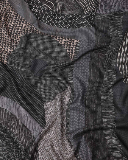 Black and Grey Ajrakh-Style Patchwork Geometric Print Viscose Crepe Fabric, 110 Cms Width, Made in India-D23587