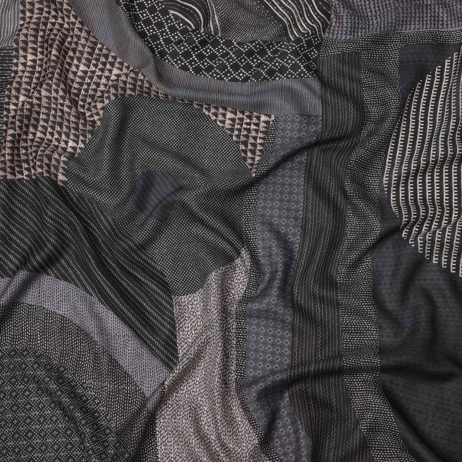 Black and Grey Ajrakh-Style Patchwork Geometric Print Viscose Crepe Fabric, 110 Cms Width, Made in India-D23587
