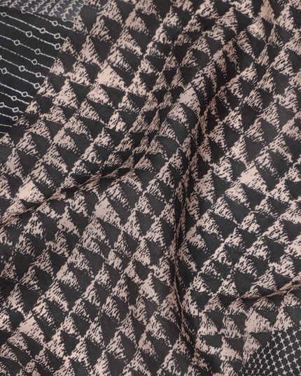 Black and Grey Ajrakh-Style Patchwork Geometric Print Viscose Crepe Fabric, 110 Cms Width, Made in India-D23587