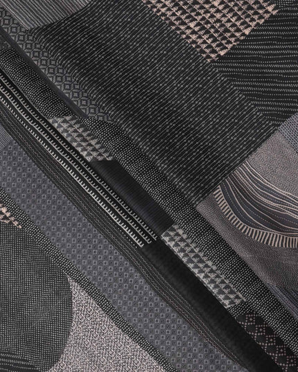 Black and Grey Ajrakh-Style Patchwork Geometric Print Viscose Crepe Fabric, 110 Cms Width, Made in India-D23587