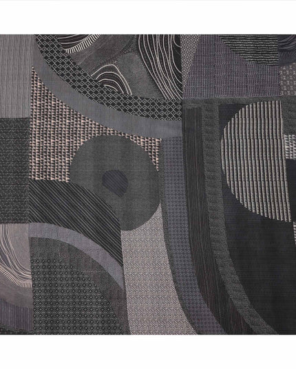 Black and Grey Ajrakh-Style Patchwork Geometric Print Viscose Crepe Fabric, 110 Cms Width, Made in India-D23587