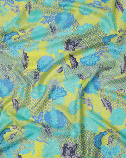 قماش كريب فيسكوز بطبعة رقمية لأوراق الشجر والزهور باللونين الأصفر الليموني والأزرق المائي، عرض 110 سم، صنع في الهند - D23588