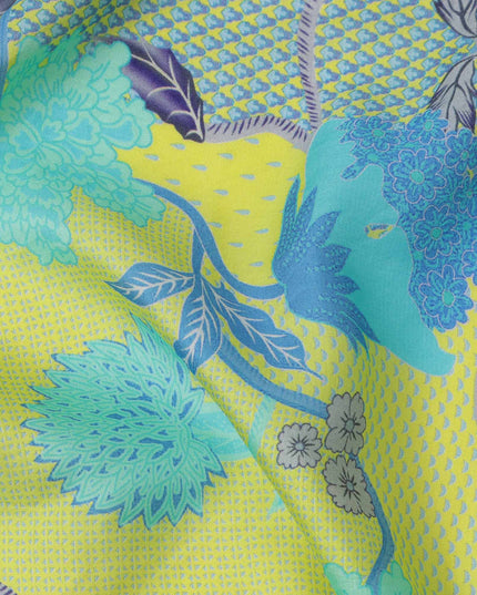 قماش كريب فيسكوز بطبعة رقمية لأوراق الشجر والزهور باللونين الأصفر الليموني والأزرق المائي، عرض 110 سم، صنع في الهند - D23588