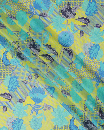 قماش كريب فيسكوز بطبعة رقمية لأوراق الشجر والزهور باللونين الأصفر الليموني والأزرق المائي، عرض 110 سم، صنع في الهند - D23588