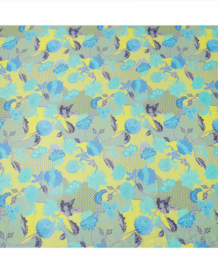 قماش كريب فيسكوز بطبعة رقمية لأوراق الشجر والزهور باللونين الأصفر الليموني والأزرق المائي، عرض 110 سم، صنع في الهند - D23588