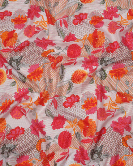 White and Orange Multi-Color Digital Floral Mesh Print Viscose Crepe Fabric, 110 Cms Width, Made in India-D23590