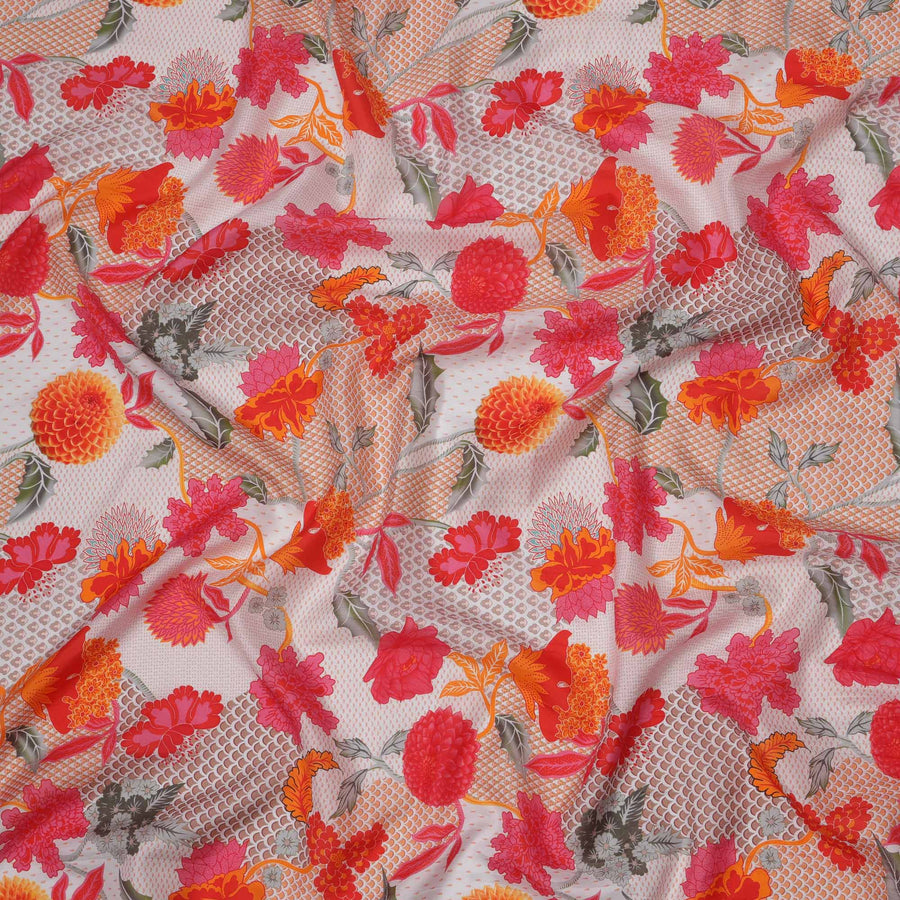 White and Orange Multi-Color Digital Floral Mesh Print Viscose Crepe Fabric, 110 Cms Width, Made in India-D23590