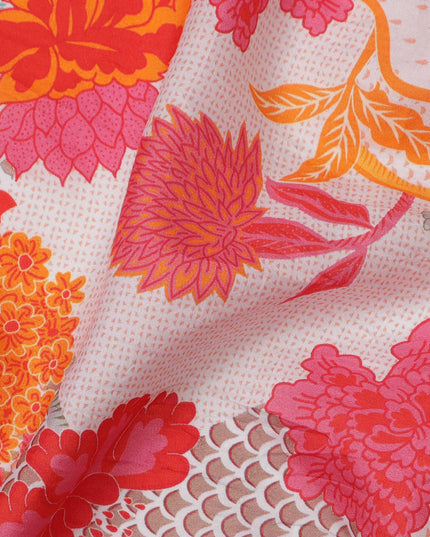 White and Orange Multi-Color Digital Floral Mesh Print Viscose Crepe Fabric, 110 Cms Width, Made in India-D23590