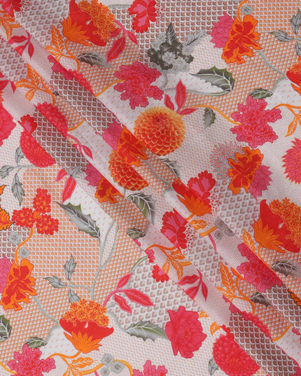 White and Orange Multi-Color Digital Floral Mesh Print Viscose Crepe Fabric, 110 Cms Width, Made in India-D23590
