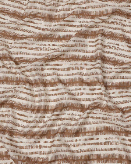Ivory and Brown Abstract Stripe Print Viscose Crepe Fabric, 110 Cms Width, Made in India-D23591