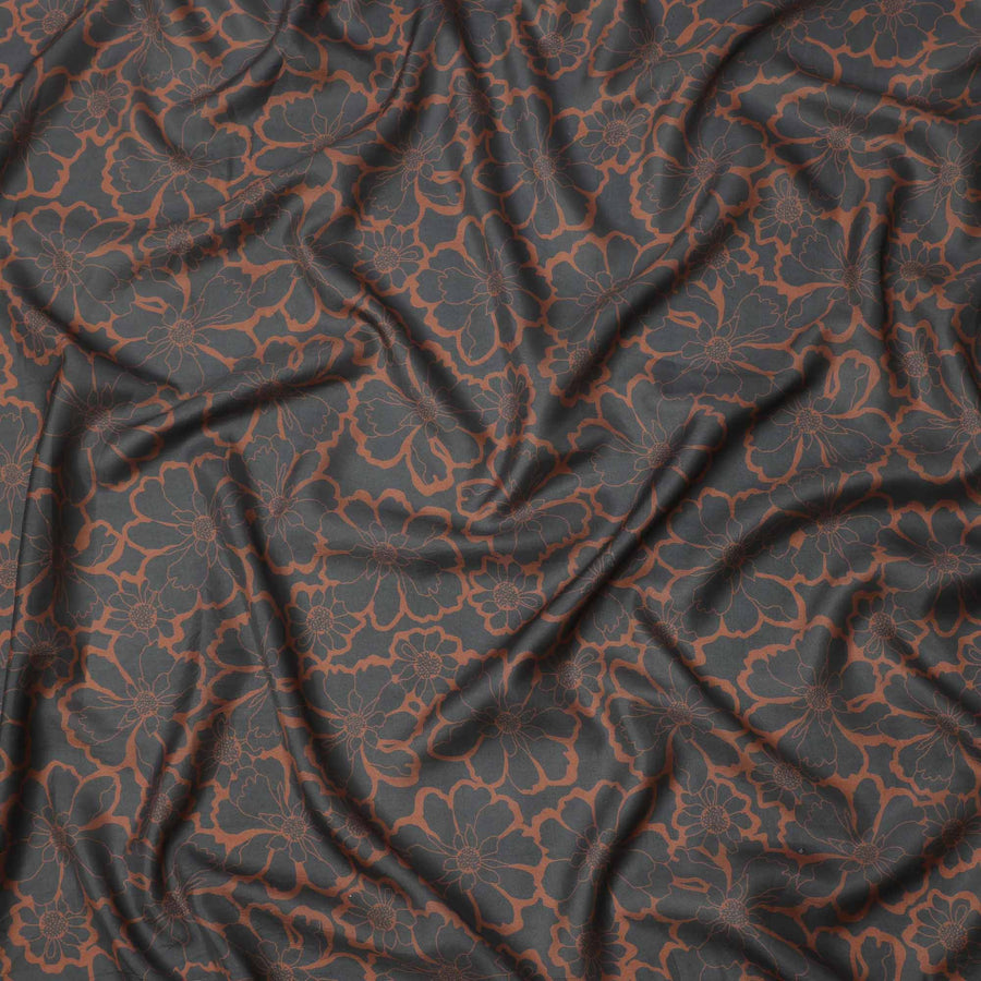 Charcoal Black and Rust Brown Bold Floral Outline Print Viscose Crepe Fabric, 110 Cms Width, Made in India-D23597