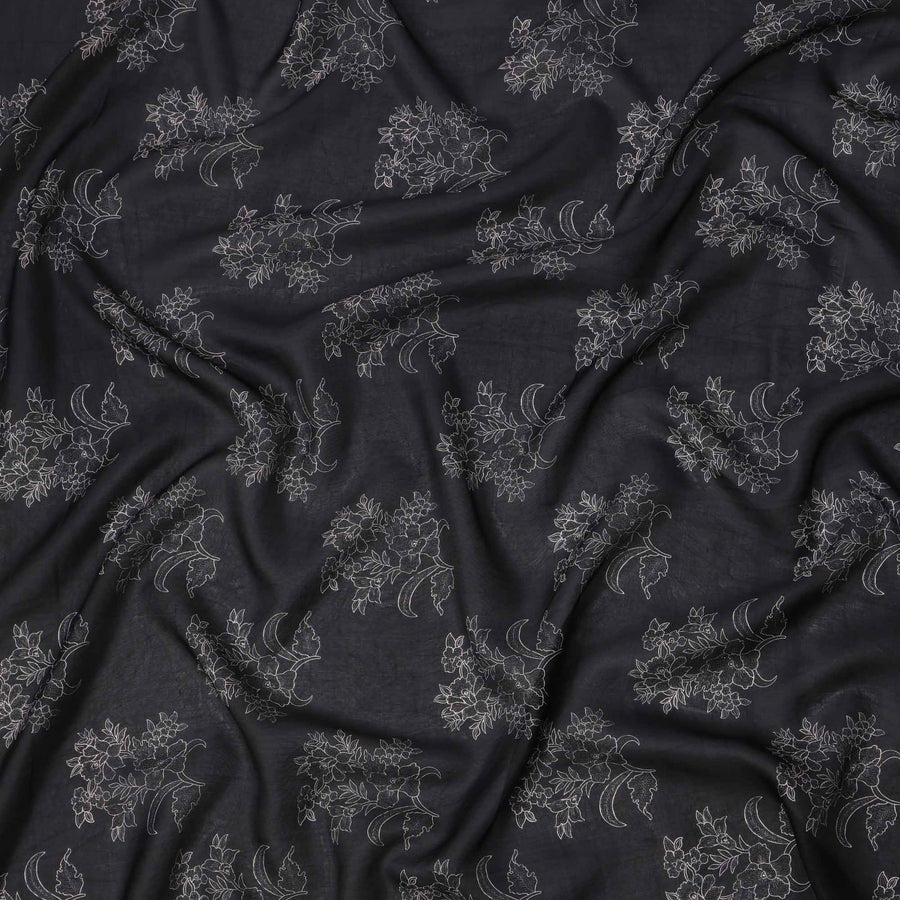 Midnight Black with Subtle White Floral Outline Print Viscose Crepe Fabric, 110 Cms Width, Made in India-D23600