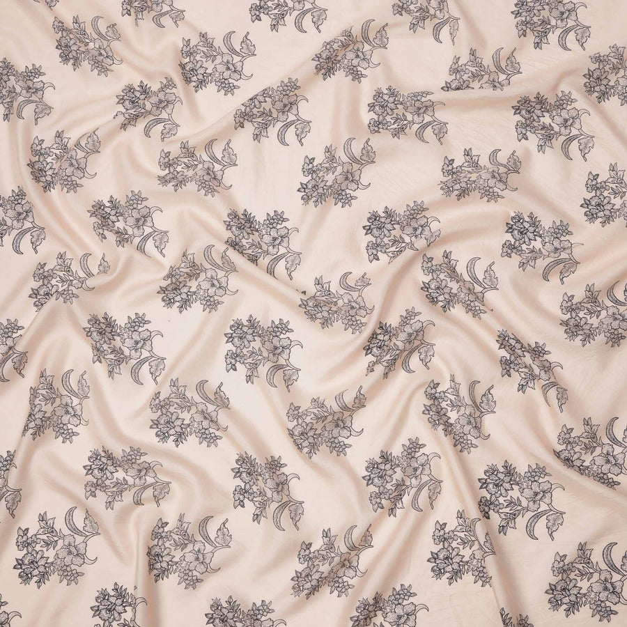 Soft Beige with Black Floral Outline Print Viscose Crepe Fabric, 110 Cms Width, Made in India-D23601