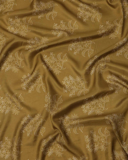 Antique Mustard with Beige Floral Outline Print Viscose Crepe Fabric, 110 Cms Width, Made in India-D23602