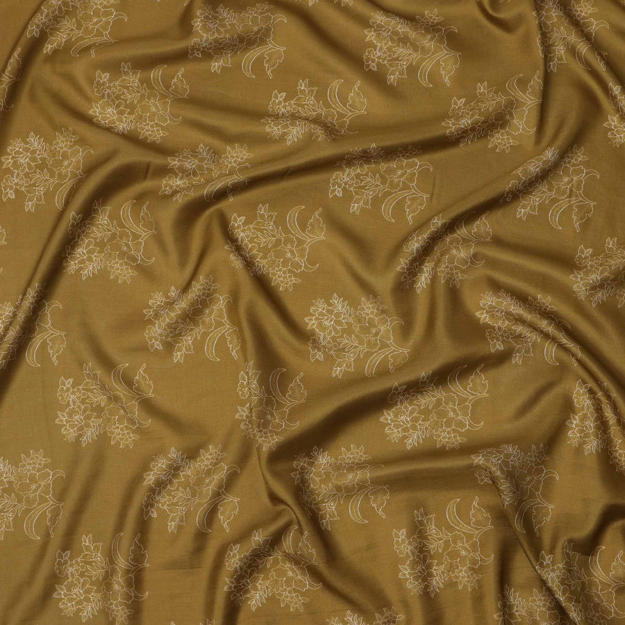 Antique Mustard with Beige Floral Outline Print Viscose Crepe Fabric, 110 Cms Width, Made in India-D23602