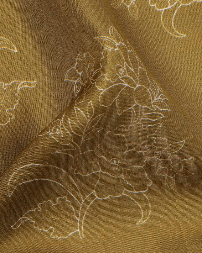 Antique Mustard with Beige Floral Outline Print Viscose Crepe Fabric, 110 Cms Width, Made in India-D23602