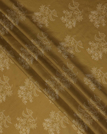 Antique Mustard with Beige Floral Outline Print Viscose Crepe Fabric, 110 Cms Width, Made in India-D23602
