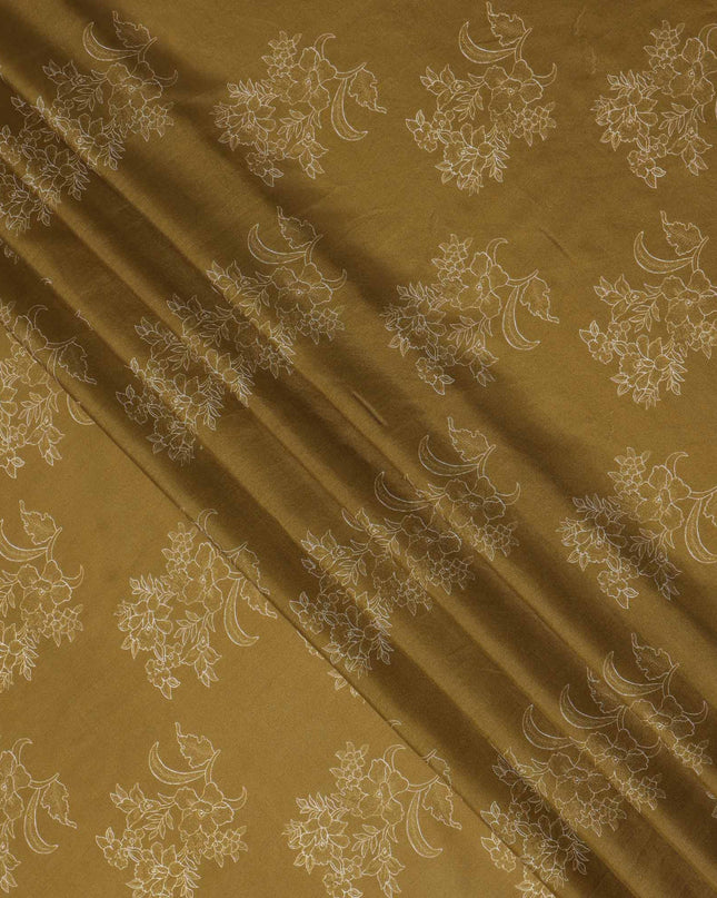 Antique Mustard with Beige Floral Outline Print Viscose Crepe Fabric, 110 Cms Width, Made in India-D23602