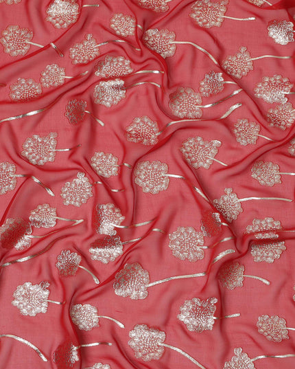 Coral red floral metallic motif silk chiffon with lurex detailing fabric, 110 Cms, South Korea-D23816
