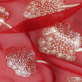 Coral red floral metallic motif silk chiffon with lurex detailing fabric, 110 Cms, South Korea-D23816