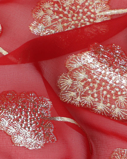 Coral red floral metallic motif silk chiffon with lurex detailing fabric, 110 Cms, South Korea-D23816