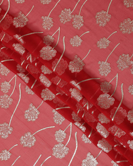 Coral red floral metallic motif silk chiffon with lurex detailing fabric, 110 Cms, South Korea-D23816
